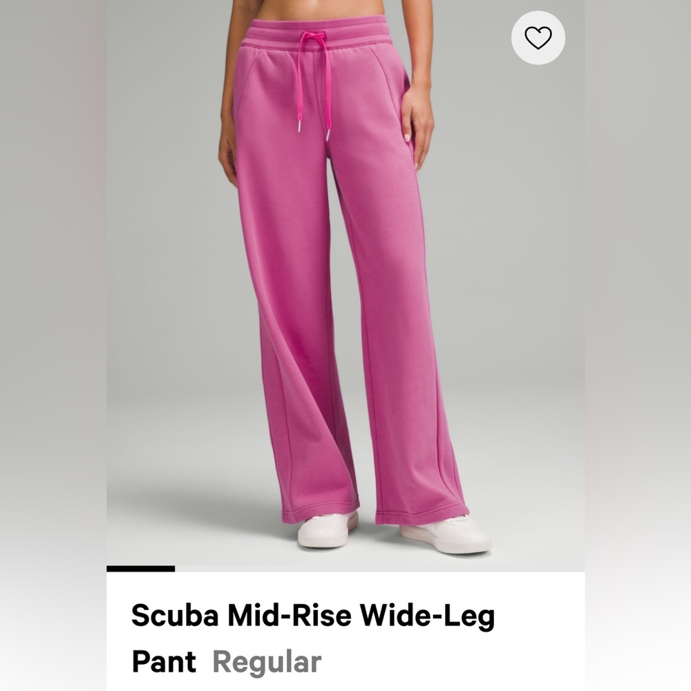 Lululemon NWT Pow Pink, scuba wide leg pant, mid-rise, sold out online.